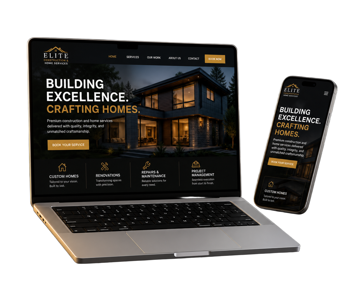 Laptop and phone showing a premium dark home-services website built by 24 Hour Elite Websites